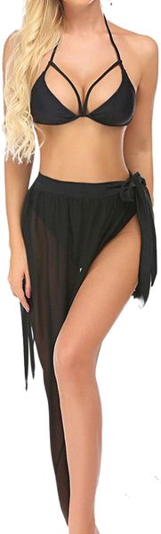 

women halter bikini set 3 pieces swimsuit solid padded swimwear with maxi wrap skirt beach vacation swim bath wear l0hy#, White;black