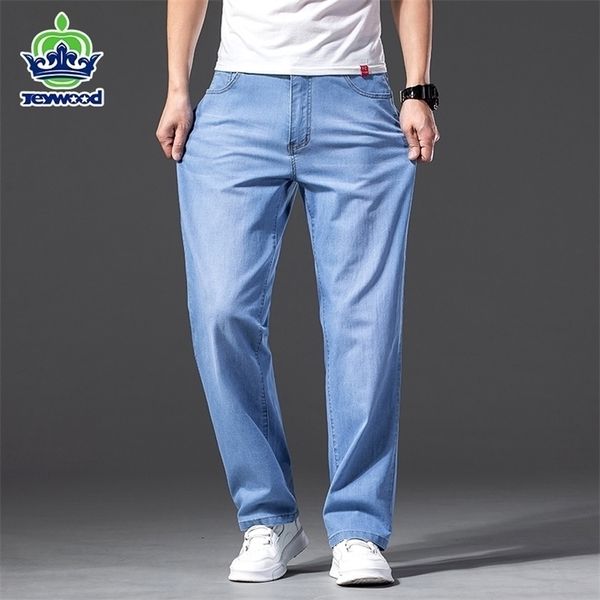 

men jeans classic summer cotton straight stretch brand denim pants overalls light blue fit trousers plus size 40 42 44 220328