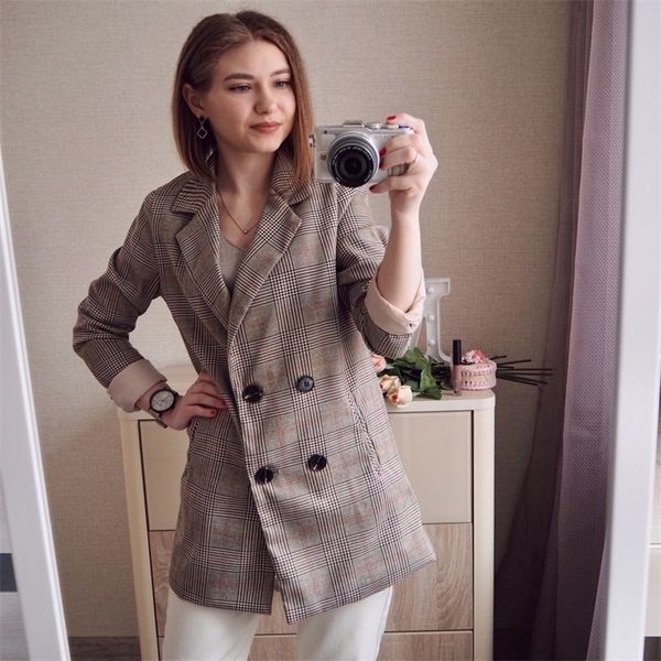 

2020 spring&all office ladies notched collar plaid women blazer double breasted autumn jacket casual pockets female suits coat lj201021, White;black