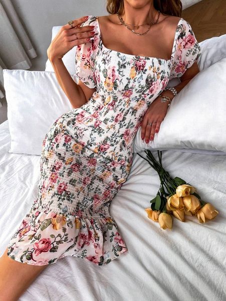 

shirred puff sleeve ruffle hem bodycon dress y6a9#, Black;gray