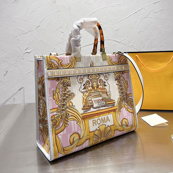 

sunshine tote bag shopping bags women handbag large capacity beach purse embroidered lettered print genuine leather removable shoulder strap