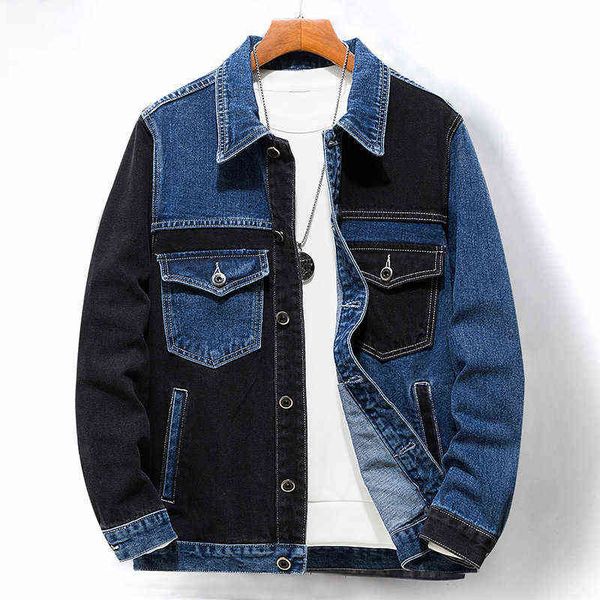 Marke Männer Kleidung Spleißen Denim Jacke Blau Schwarz Farbe Mischen Persönlichkeit Mode Männlichen Jeans Jacke Mantel Plus Größe M-5xl Y220803