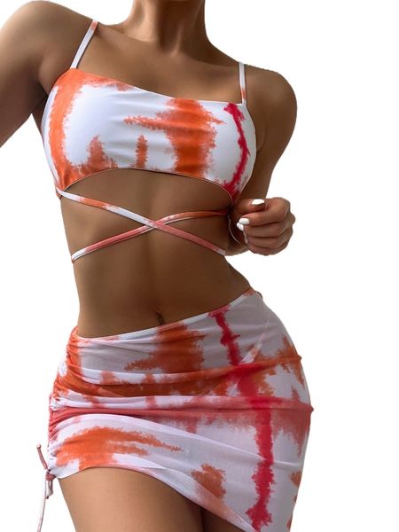 

3pack tie dye lace up bikini swimsuit & beach skirt e1xv#, White;black