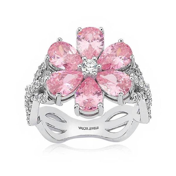 

valori jewels magnolia flower ring 2 ct zircon pink pear gemstone rhodium plated 925 silver fine jewelry 220524, Slivery;golden