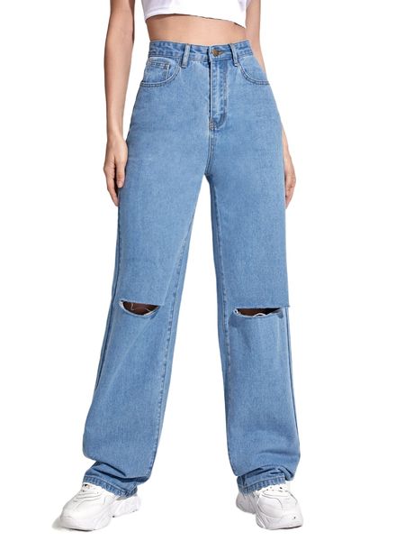 

high waist ripped straight leg jeans f2k4#, Blue