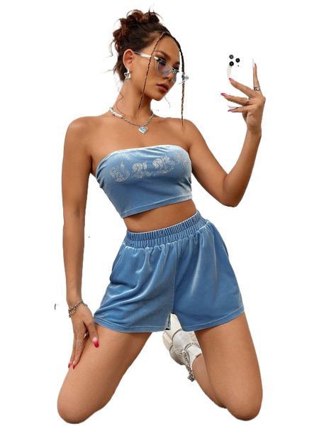 

rhinestone letter graphic crop tube & shorts set w6u7#, White