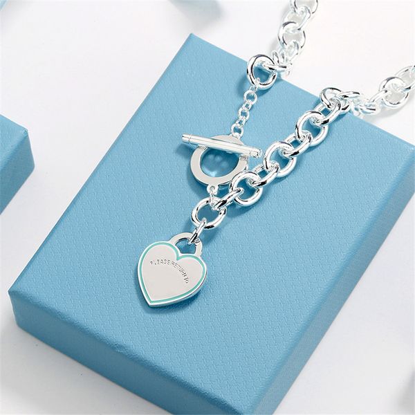 

2022 brand original jewelry designer necklace t buckle cyan ename surround heart pendant men's and women's fashion simple high-end, Silver
