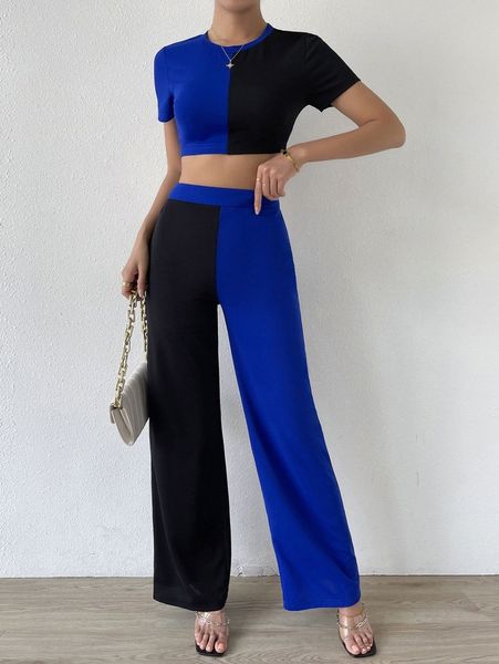 

two tone crop tee & wide leg pants 34vh#, White
