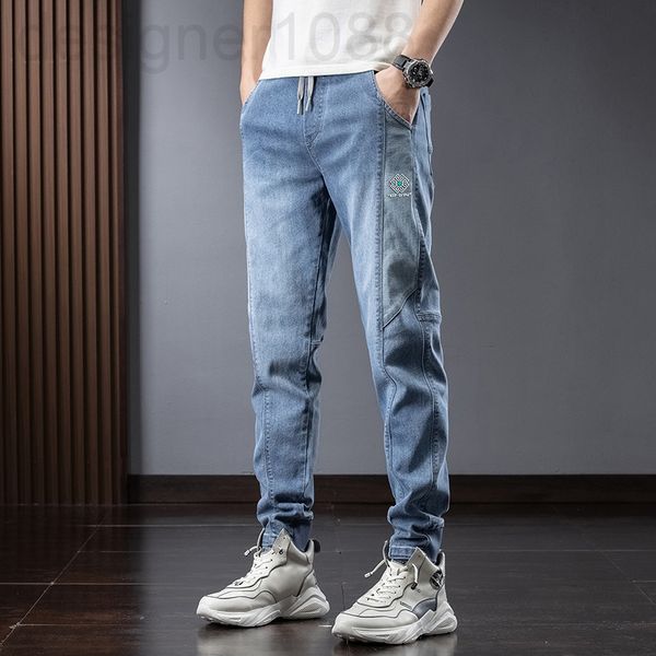 

men's jeans designer spring and autumn 2022 new men's jeans elastic waist embroidered trendy korean small foot casual capris 8yoh, Blue