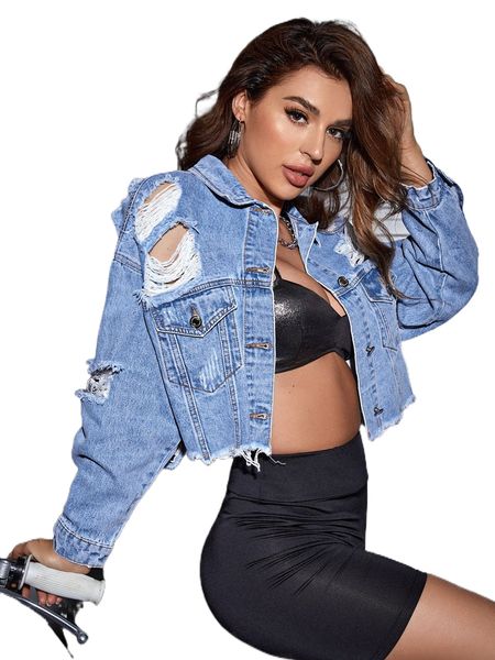 

drop shoulder ripped raw hem crop denim coat c4nj#, Black;brown