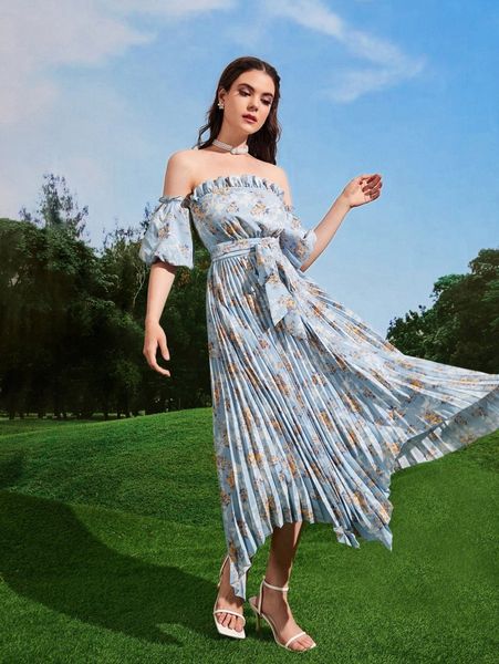 

off shoulder self belted pleated hem floral dress 37p4#, Black;gray