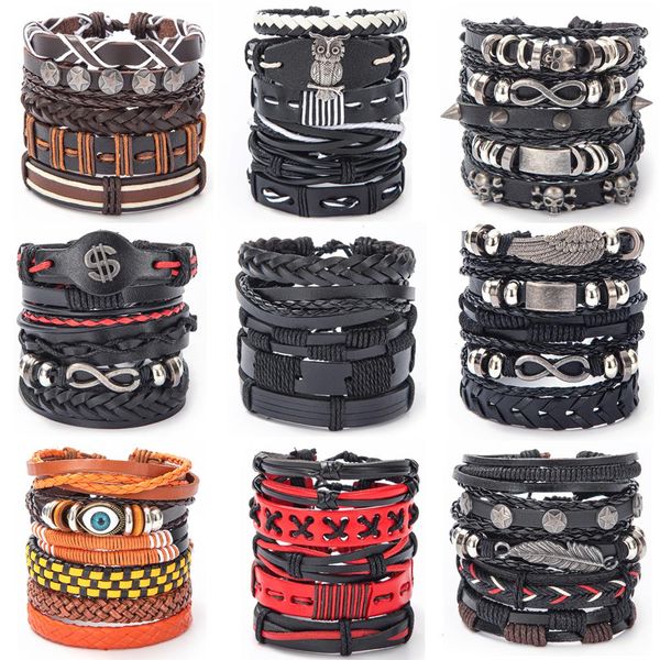 

vintage leaf feather skeleton strand owl multilayer leather bracelet men fashion braided handmade rope wrap bracelets amp bangles male gi, Black