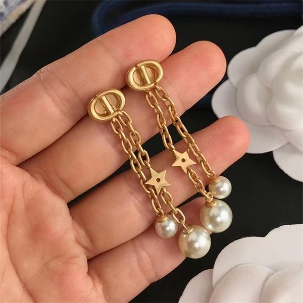 

letter chain tassel size pearl earrings female star earrings, Golden