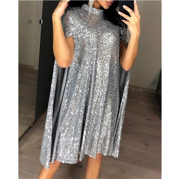 

party sequin dress women glitter mock neck cape design sequins dress t200113, White;black