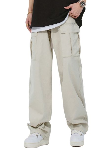 

men drawstring waist flap pocket cargo pants 92bz#, Black