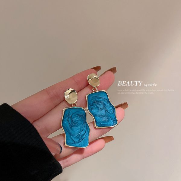 

925 silver needle dripping oil geometric irregular blue earrings fashion retro oil painting style earrings personalized temperament earrings, Golden