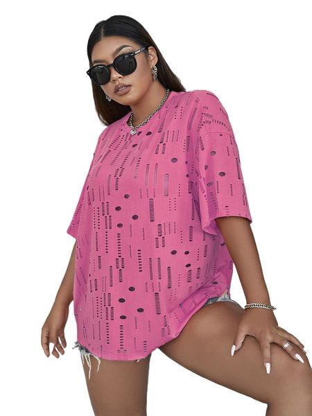 

plus hollow out drop shoulder tee s5pc#, Black