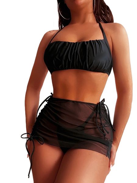 

3pack ruched bust tie side bikini swimsuit & beach skirt 184i#, White;black