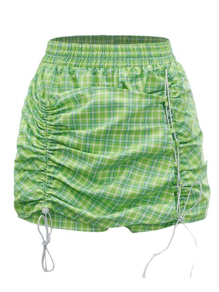 

plaid drawstring lace up front skort f4sv#, White;black