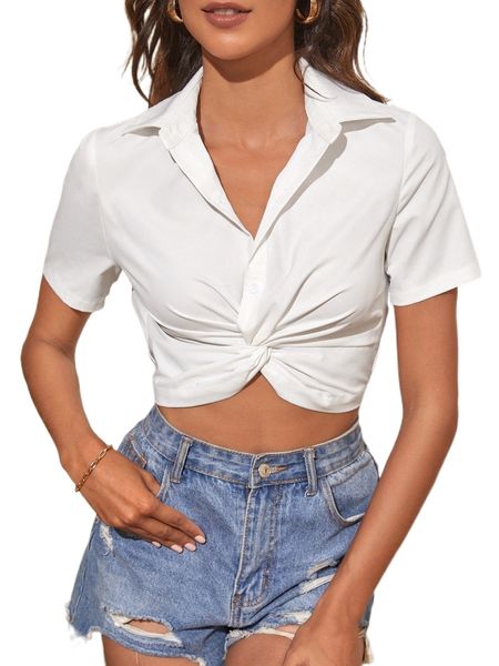 

twist front tight hem blouse 90yb#, White
