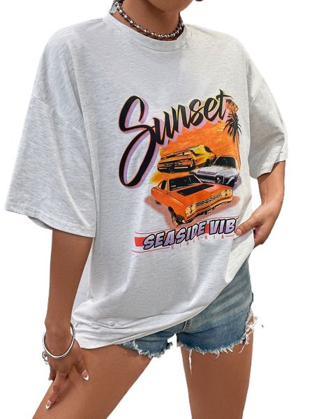 

l.etter graphic and c.ar print d.rop s.houlder tee z9fs#, White