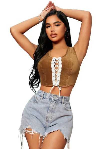 

lesdomakeup x lace up corduroy tank s3nz#, White