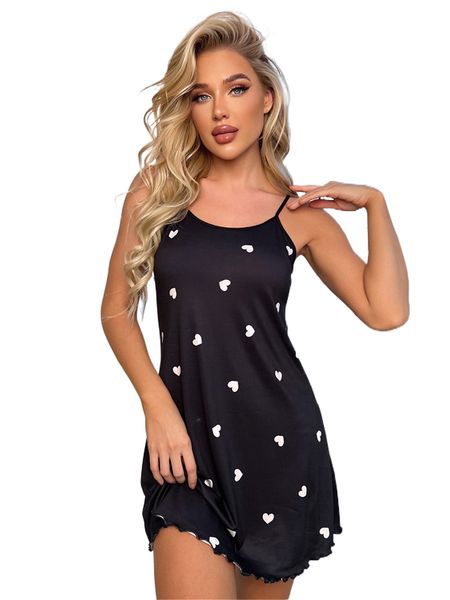 

allover heart print lettuce trim cami night dress 55v2#, Black;red
