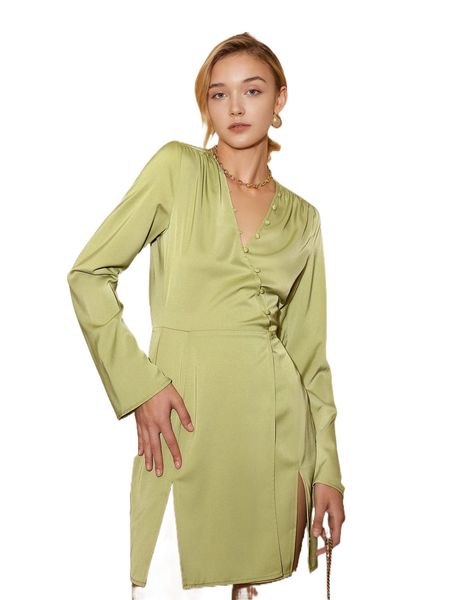 

solid button detail split hem dress s7f4#, Black;gray