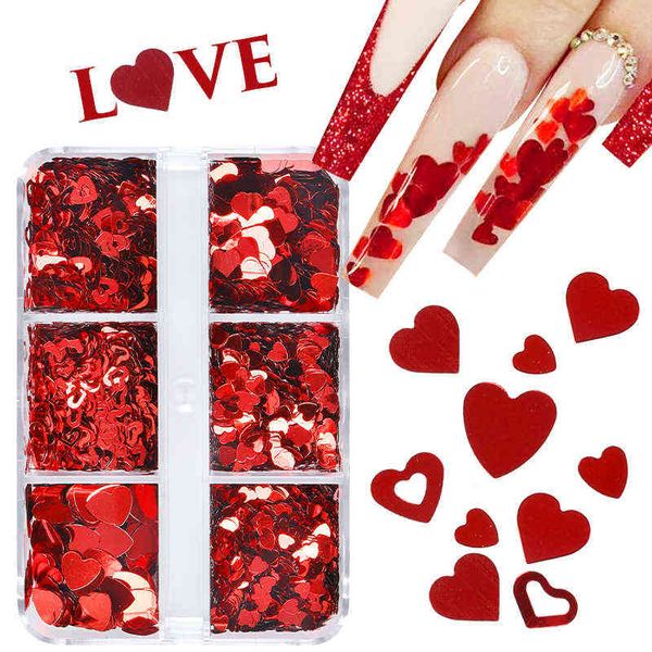 

6 grids mixed valentine's day nail art sequins shiny red love heart glitter flakes nail supplies for professionals accessories y220408, Black
