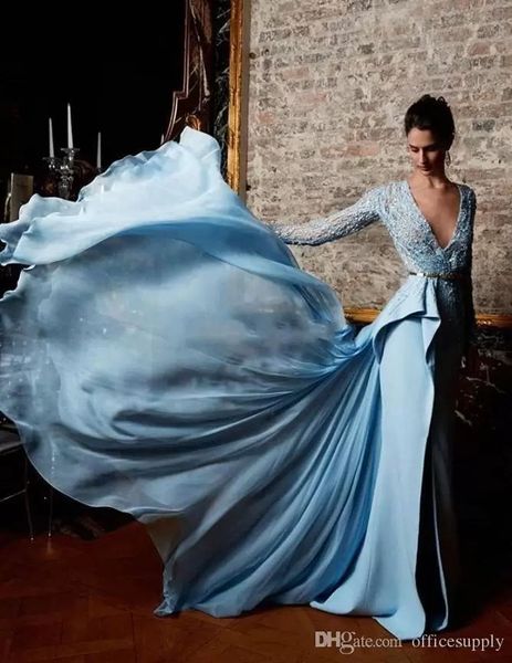 

blue a-line prom dresses split side long sleeve appliqued sequins with detachable train chiffon satin plus size luxury formal party gowns cu, Black