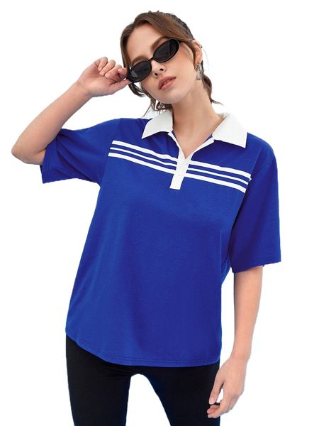 

contrast polo neck striped panel tee w9cm#, White