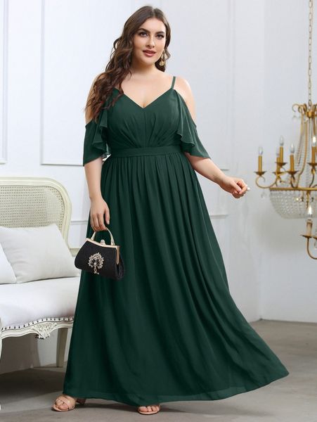 

plus chiffon cold shoulder maxi dress w1ty#, Black