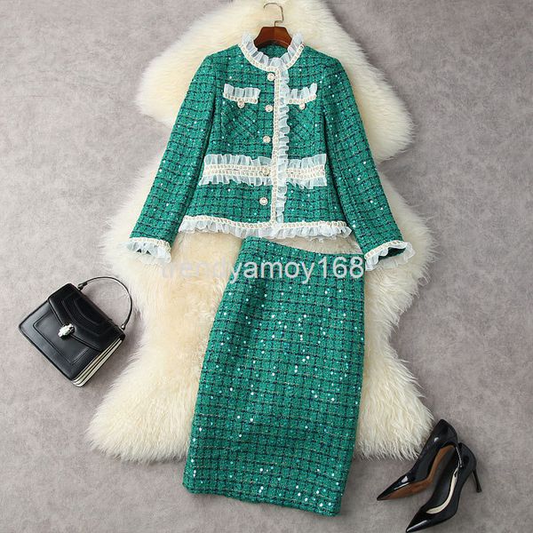 

women's two piece pants winter women's wear fungus edge sequin lattice celebrity coat + hip wrap split skirt temperament suit 1280, White