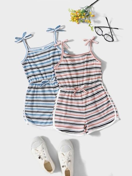 

toddler girls 2pcs striped knot shoulder bow waist romper she, Blue