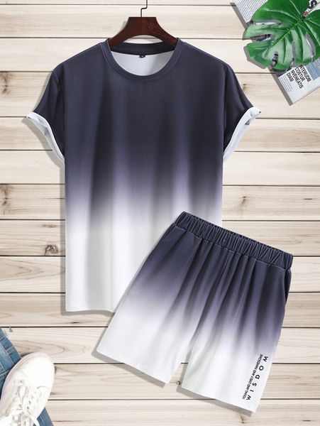 

men ombre tee & letter graphic shorts 35qb#, Gray