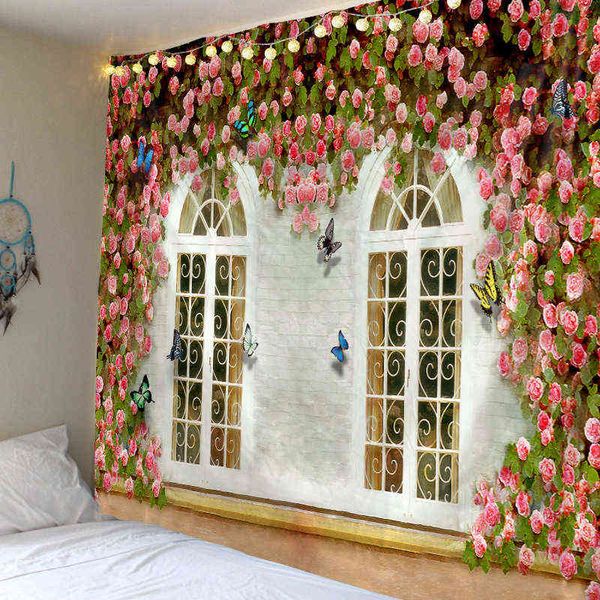 Fenster Blumen Wand Teppiche billig Polyester Stoff gedruckt Gartenbogen Landschaft Kunst Tapiz Hippie Boho Dekor Wand Hanging Decke J220804