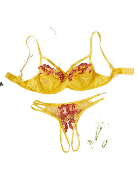 

floral embroidered mesh cut out underwire lingerie set g0gz#, Black;red