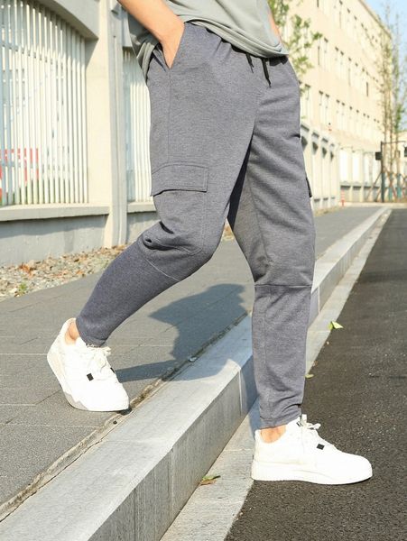 

men flap pocket side drawstring waist sweatpants r92y#, Black