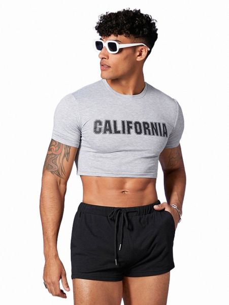 

men letter graphic crop tee & drawstring waist shorts 78yd#, Gray
