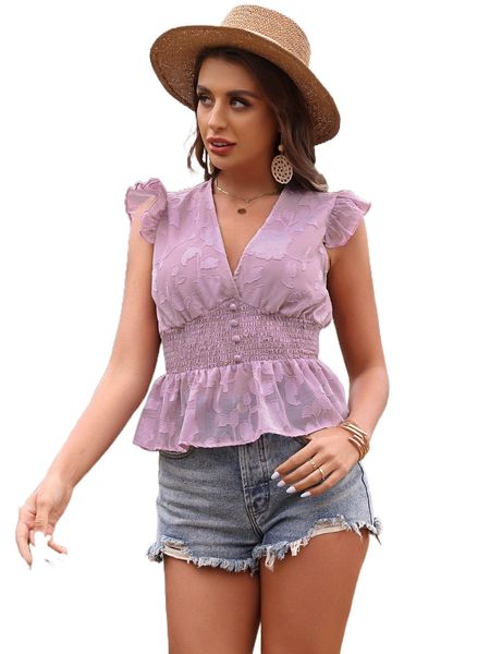 

chiffon v neck shirred waist peplum blouse m8wt#, White