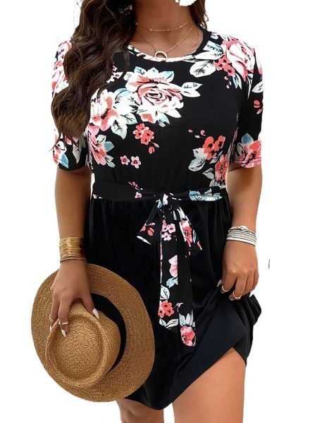 

plus floral print knot front dress r9na#, Black