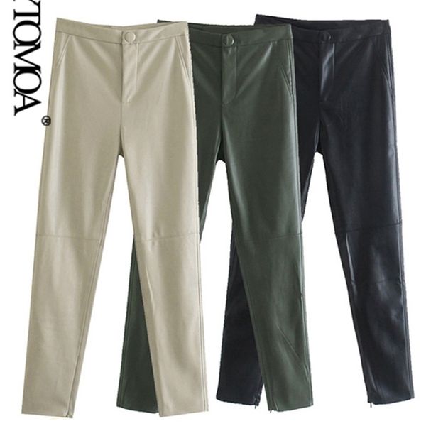 

kpytomoa women fashion hem zips faux leather skinny pencil pants vintage high waist zipper fly female ankle trousers mujer 220325, Black;white