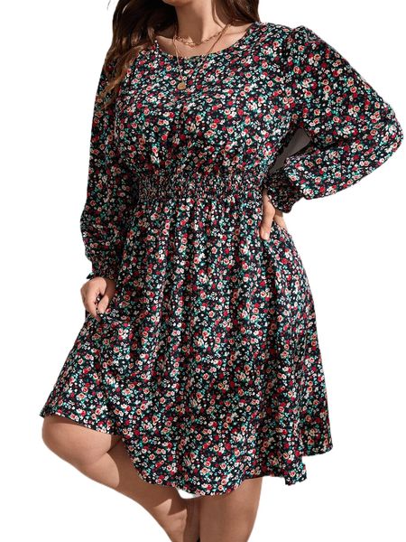 

plus ditsy floral print shirred waist dress e7aq#, Black