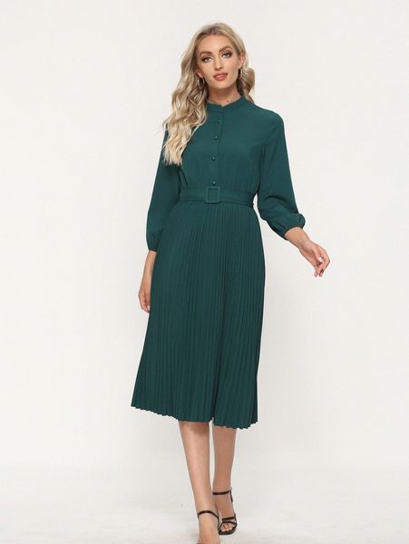 

simple flavor pleated hem buckled belted dress 83kk#, Black;gray