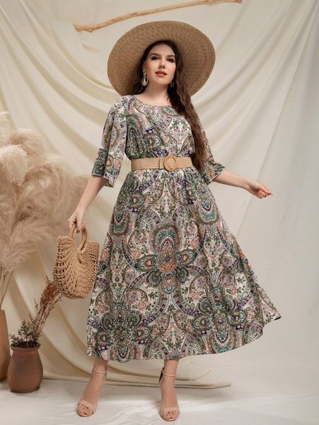 

plus random paisley & floral print dress without belt 19ac#, Black
