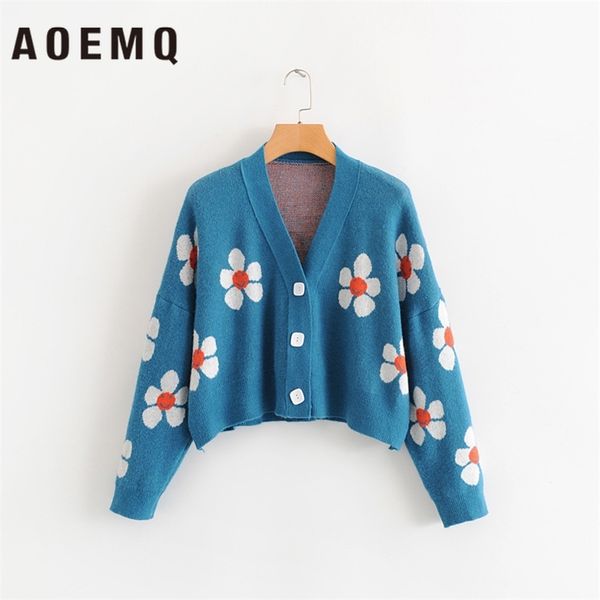 

aoemq women cardigan female sweaters cute light green symbol life vintage sweater spring sweaters with flower print women y200722, White;black