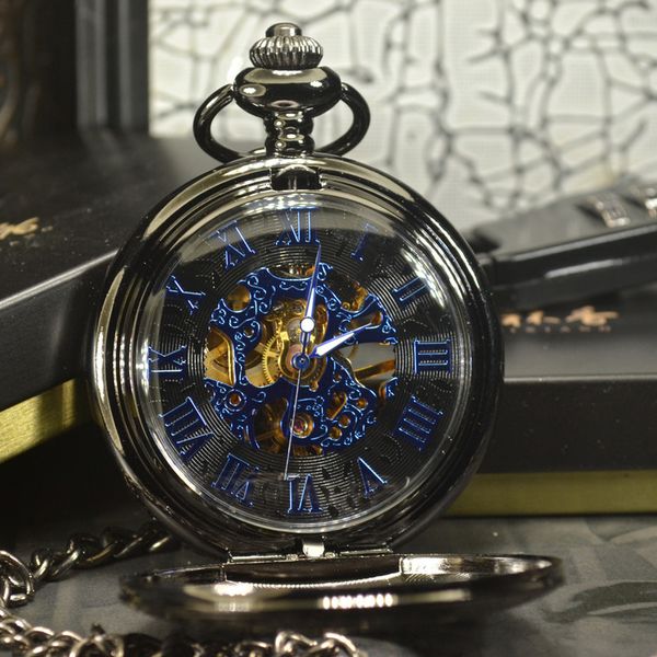 TIEDAN Blau Steampunk Skeleton Mechanische Taschenuhr Männer Antike Luxus Marke Halskette Taschenuhr Fob Uhren Kette Männliche Uhr 220606