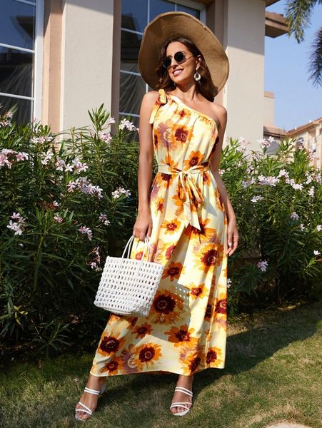 

sunflower print belted one shoulder dress b9ah#, Black;gray