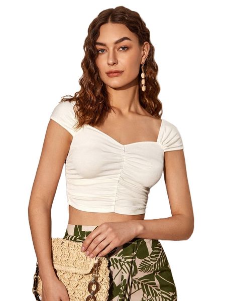 

ruched solid crop tee c88q#, White