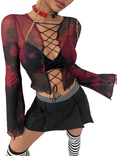 

tie dye trumpet sleeve lace up front crop mesh without bra y8ey#, White